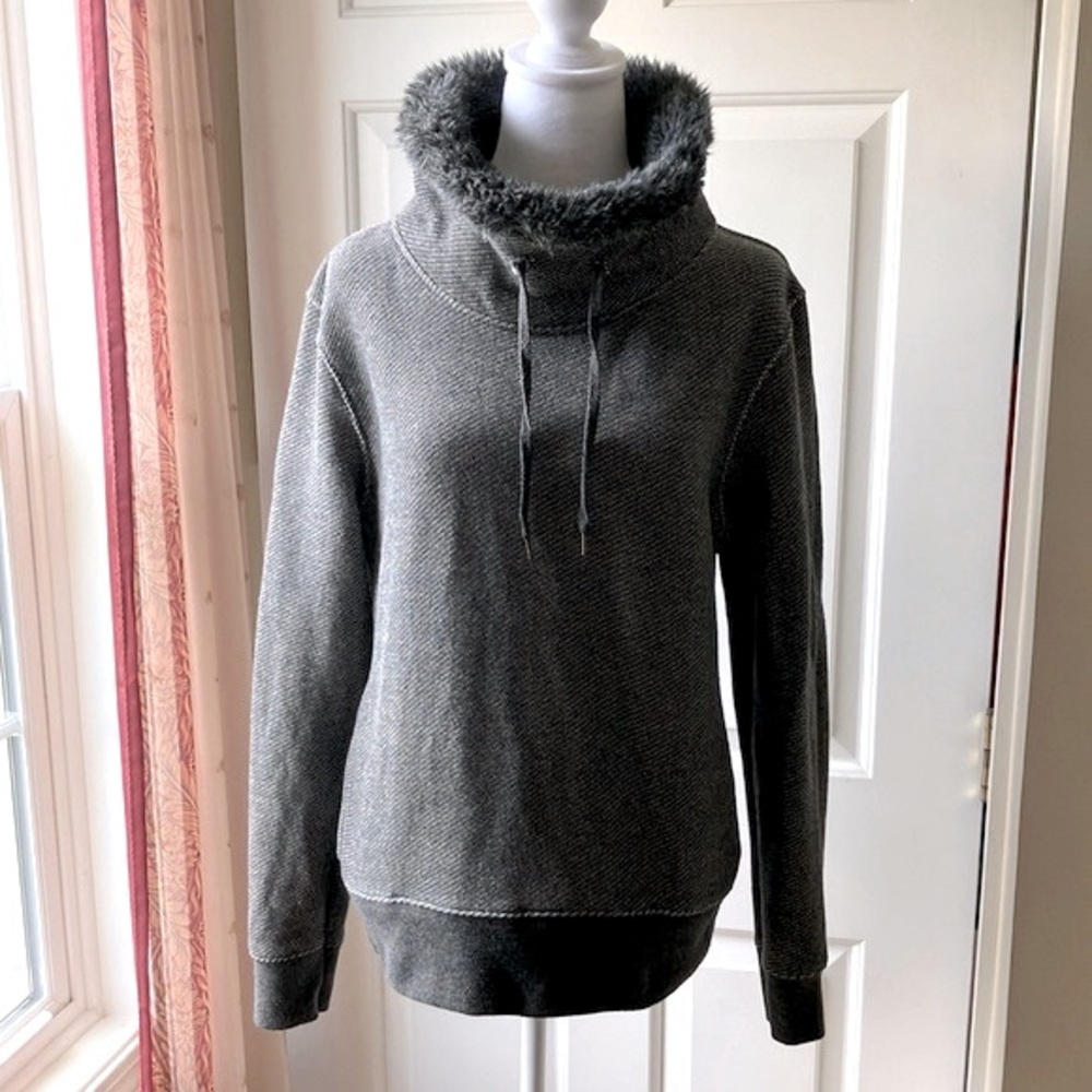 Zara Cotton Blend Sweater with Faux Fur Collar Dark Gray Size M